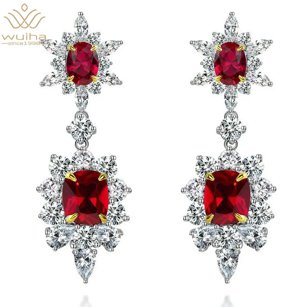 WUIHA Real 925 Sterling Silver 3EX Oval Cut 8*10MM Fancy Ruby Sapphire Synthetic Moissanite Drop Earrings for Women Dropshipping