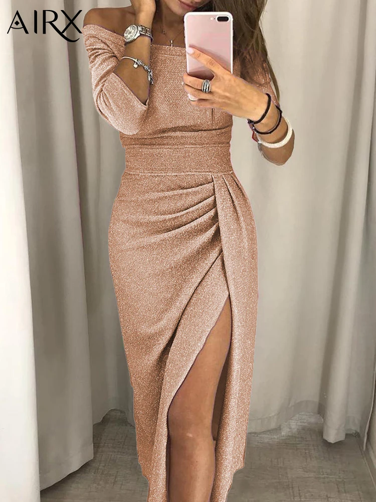 

Женское вечернее платье с длинным рукавом, разрезом и завышенной талией