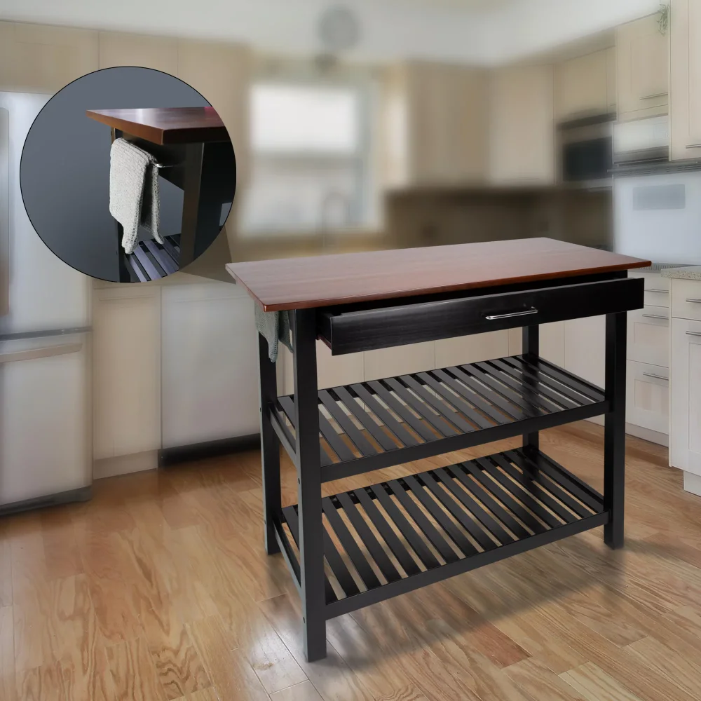 

Casual Home Solid Wood 40"W Kitchen Island with Drawer, Two Shelves, and Towel Racks, American Maple Top, Two-Tone Fin