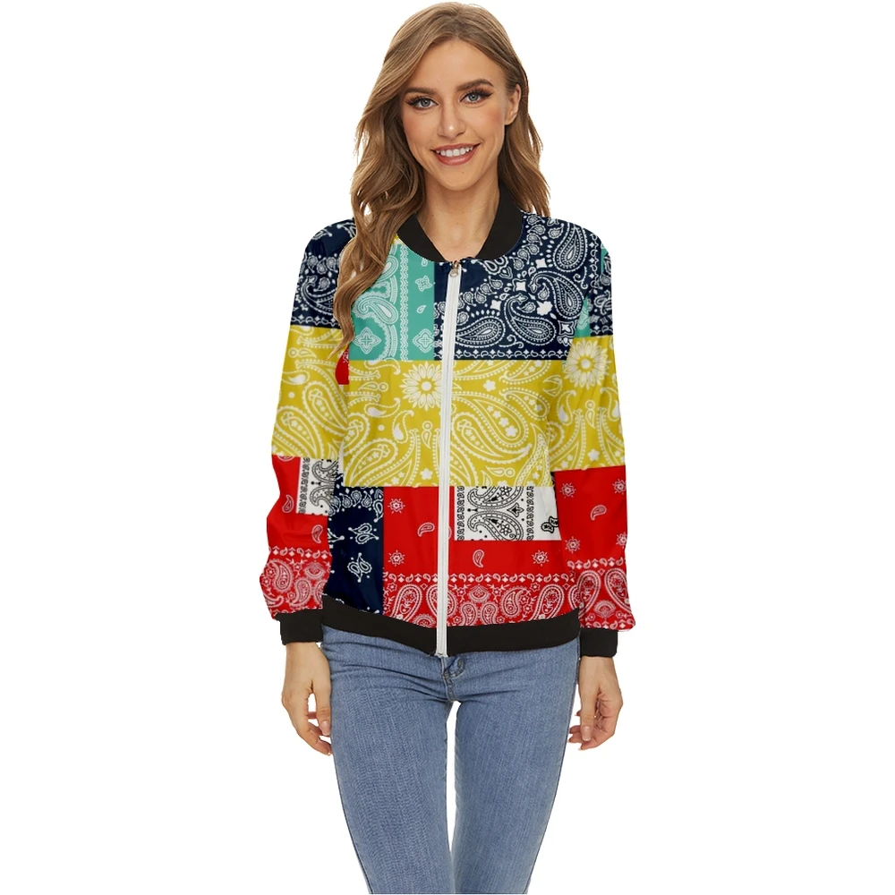 

Women Autumn Fashion Paisley Splicing Printing Zipper Jacket Tops Long Sleeves Casual Baseball Collar Coat Slim Jacket