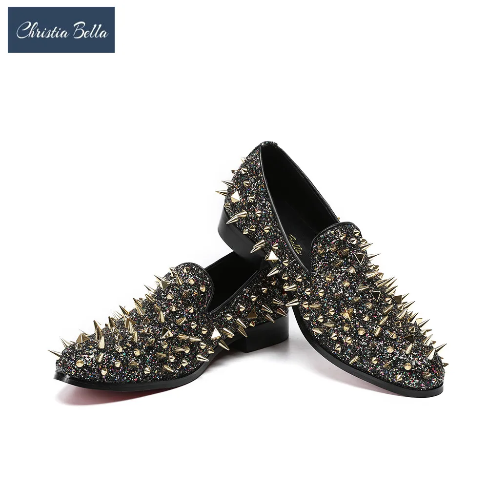 

Christia Bella New Design Male Party Loafers Shiny Sequin Rivets Men Slip on Flat Shoes Nightclub Smoking Slippers Mens Shoes