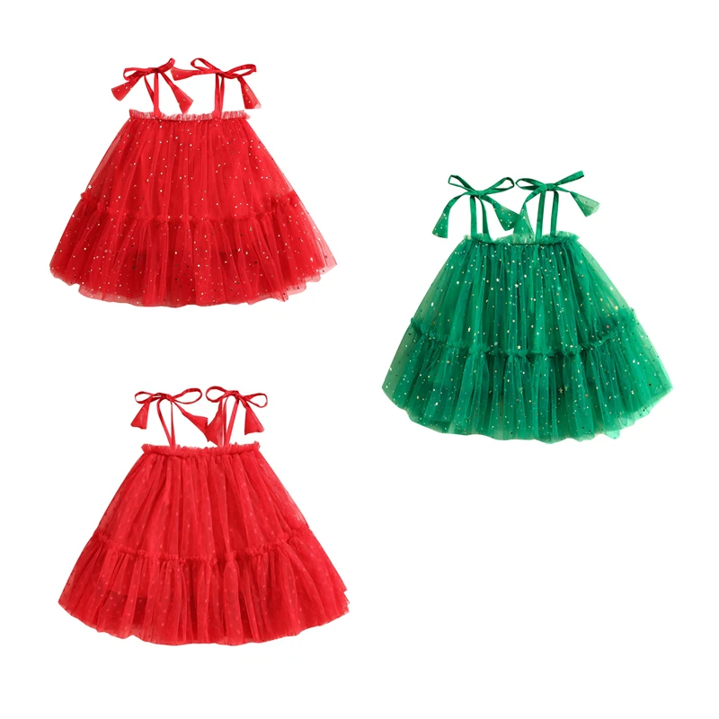 

Summer Sweet Princess Dresses Baby Girls Sequins/Dots Print Sleeveless Backless Tie-Up Sling Tulle Dress Girls 6 Months-4 Years