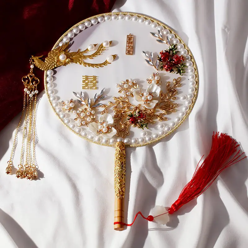 

Chinese Bride's Pearl Fan Antique Wedding Metal Flower Hand Fan