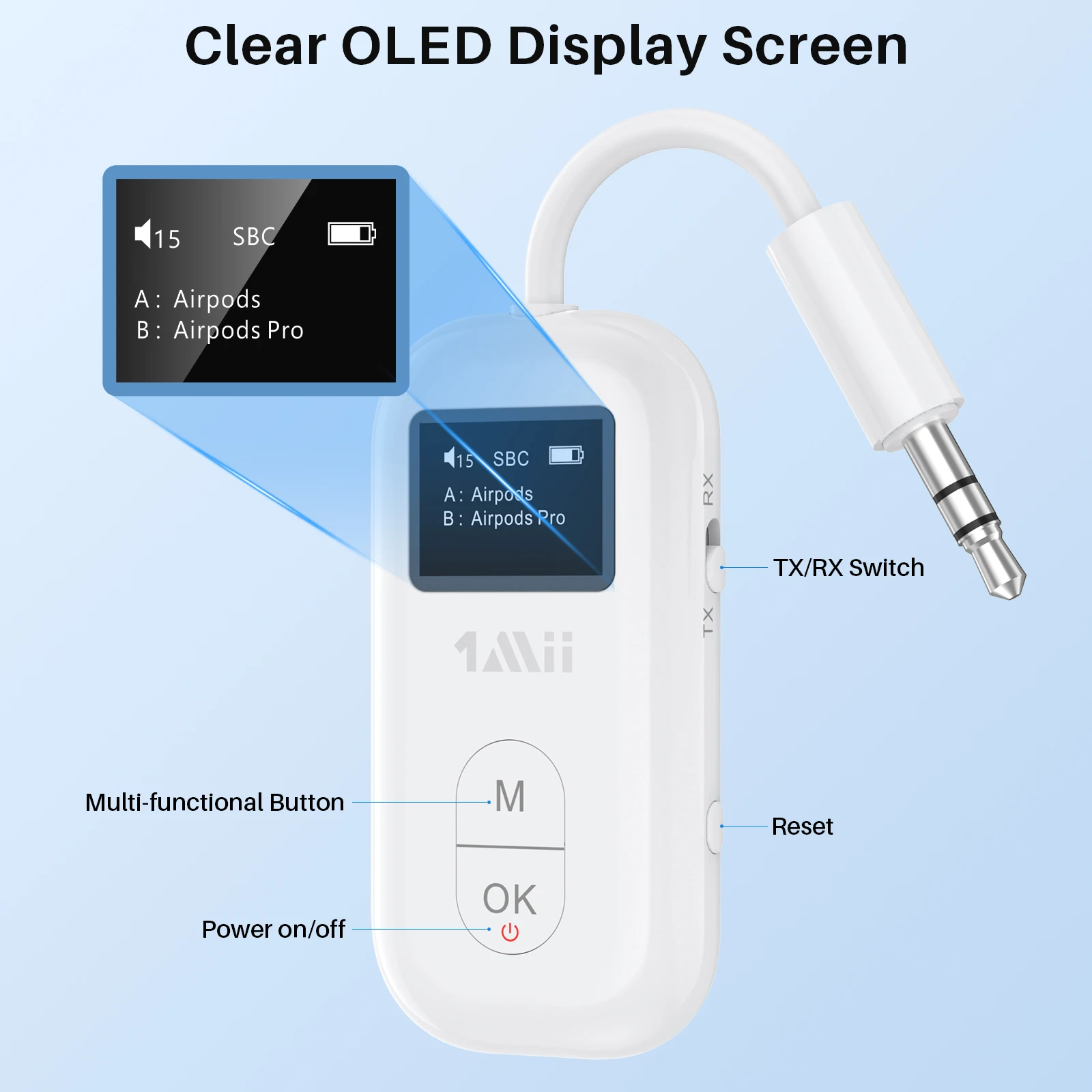 Фото Адаптер Bluetooth 1Mii Airplane 3.5mm AUX с поддержкой Aptx-LL/HD и адаптивным Bluetooth 5.2, беспроводной аудиопередатчик и приемник №2