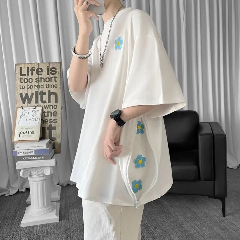 

Harajuku T shirt Summer Short Sleeve Zipper Printed Funny Tops Oversized Loose Streetwear Vintage Men Clothing Hip Pop Korean