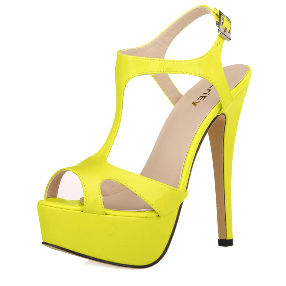 LOSLANDIFEN Women Sandals Sexy Peep Toe T-Strap Platform Summer Shoes Patent Leather 14cm Thin High Heels Party Wedding Shoes