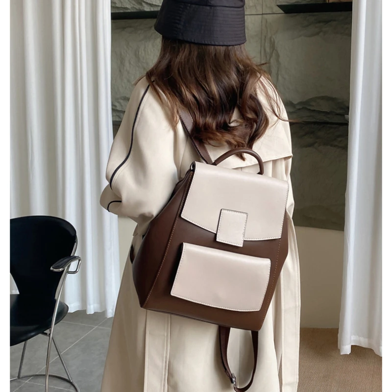 

Women's Backpack New Genuine Leather Bag Wear-resistant Color Matching Trend Cowhide