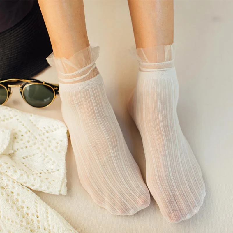 5 Pairs Spring Summer Velvet Silk Socks Women Lace Crystal Socks Soft Classic Ultrathin Comfortable Transparent Princess Socks