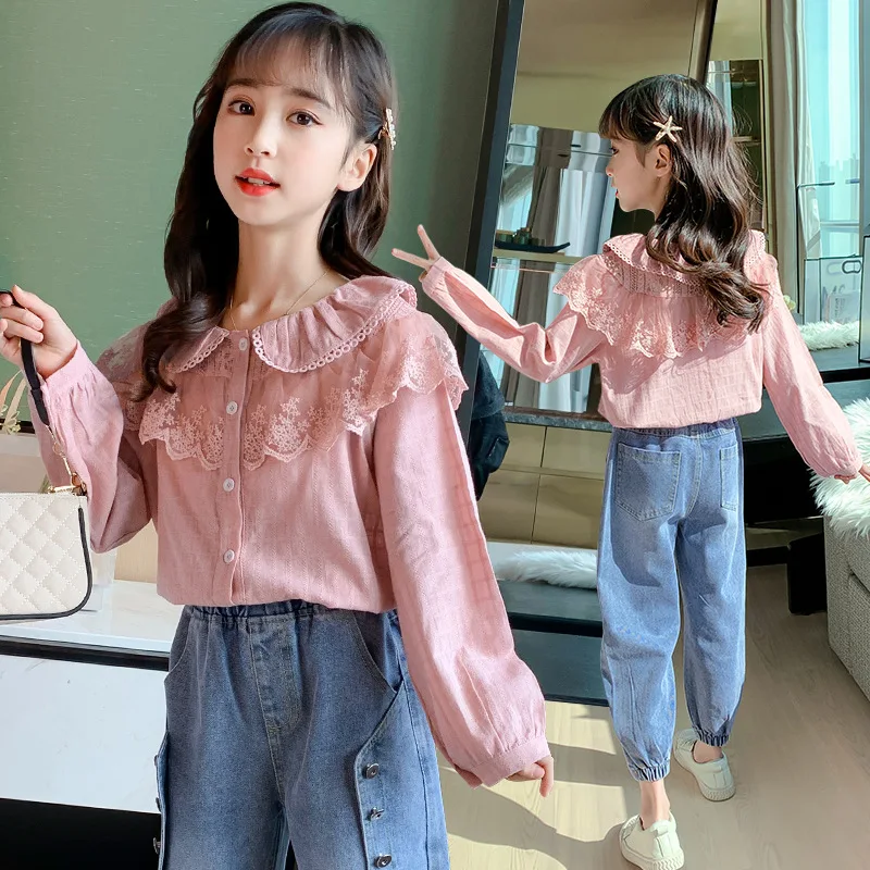 

Girls Pink Shirts Long Sleeve Lace Collar Blouses School Kids Korean Fashion Cotton Tops Spring Autumn 4 6 7 8 9 10 11 12 Years