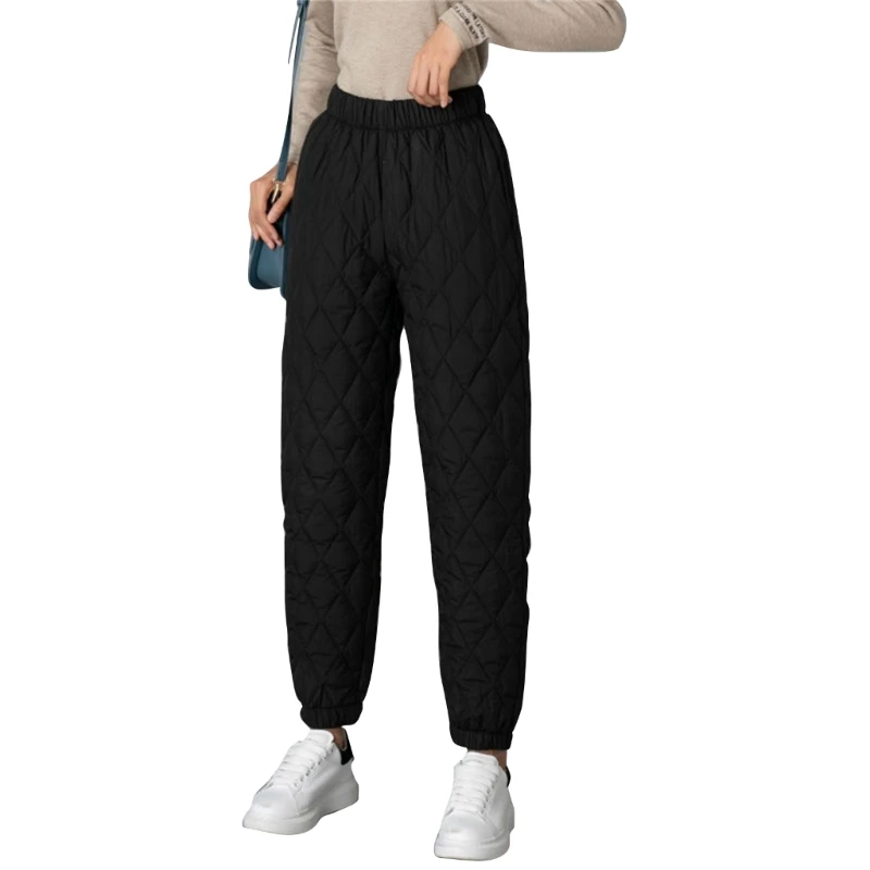 

Women Utility Rhombus Quilted Down Snow Pants Elastic High Waist Padded Trousers Drop Shipping