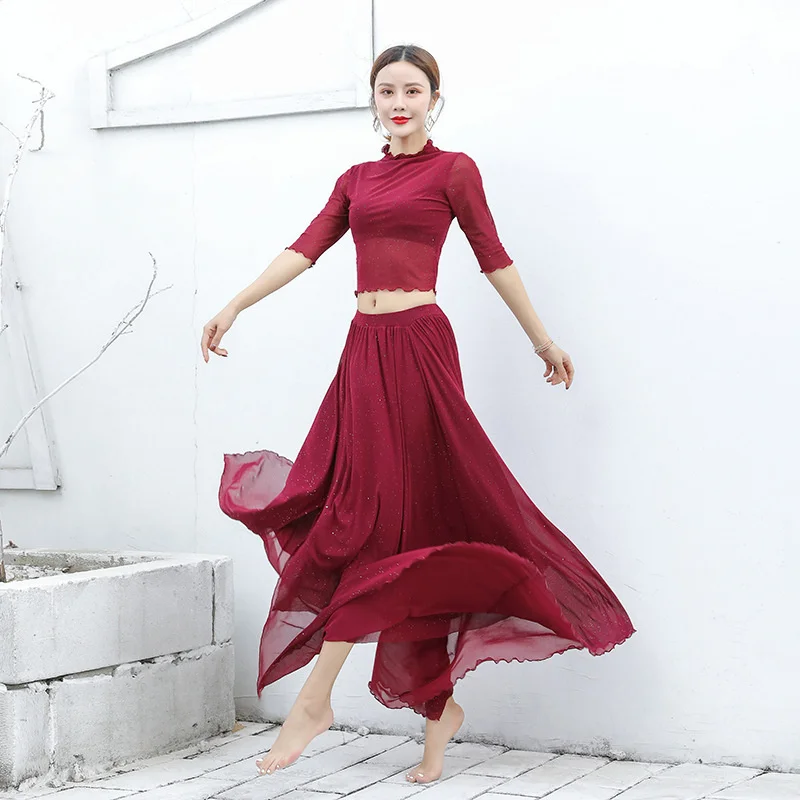 

#9802 Vintage China Stylee Belly Dance Clothes Woman Slim Tops Half-sleeve Mesh See Through And High Waist Chiffon Skirts Sets