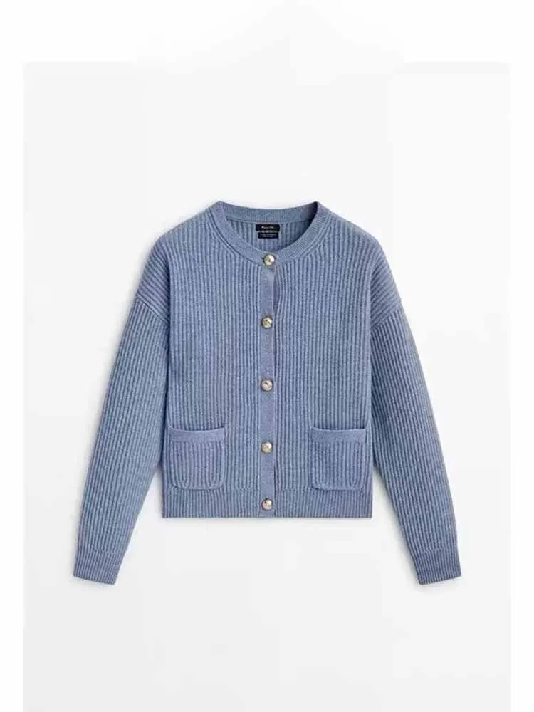 

Women New Fashion Gold breasted decoration Cropped Slim Knitted Cardigan Vintage Long Sleeve Pockets Female Outerwear Chic Tops