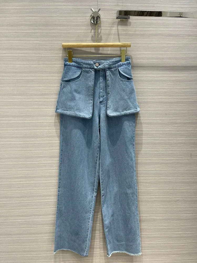 

Denim Pants Fake Two-piece High-waisted Jeans Casual Loose Design Brushed Straight Trouser 2022 Summer Spring High-end for Women