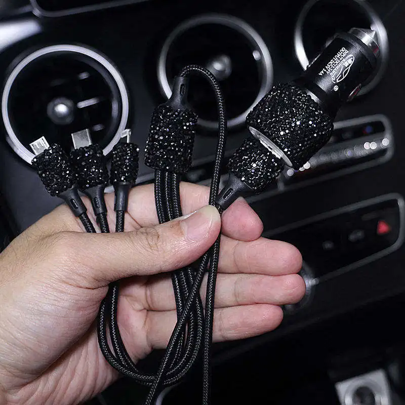 

Rhinestones Car Charger 5V 2.1A Dual Port Auto USB Adapter Fast Charge with 3 In 1 Charging Cable Bling Car Decoration for Women