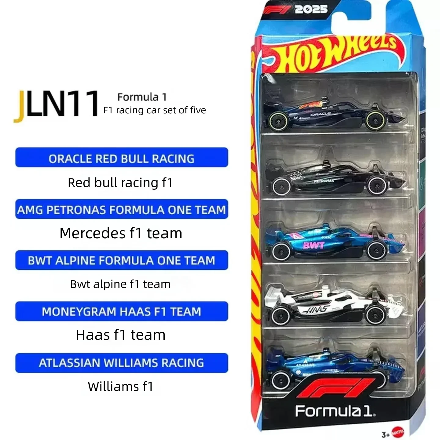Набор из 5 литых моделей машинок Hot Wheels JLN11: гоночные болиды F1 (Red Bull, Mercedes, Alpine, Haas, Williams) — игрушечные машинки для трека из сплава (art.: 3920d92a67781) - 3920d92a67781