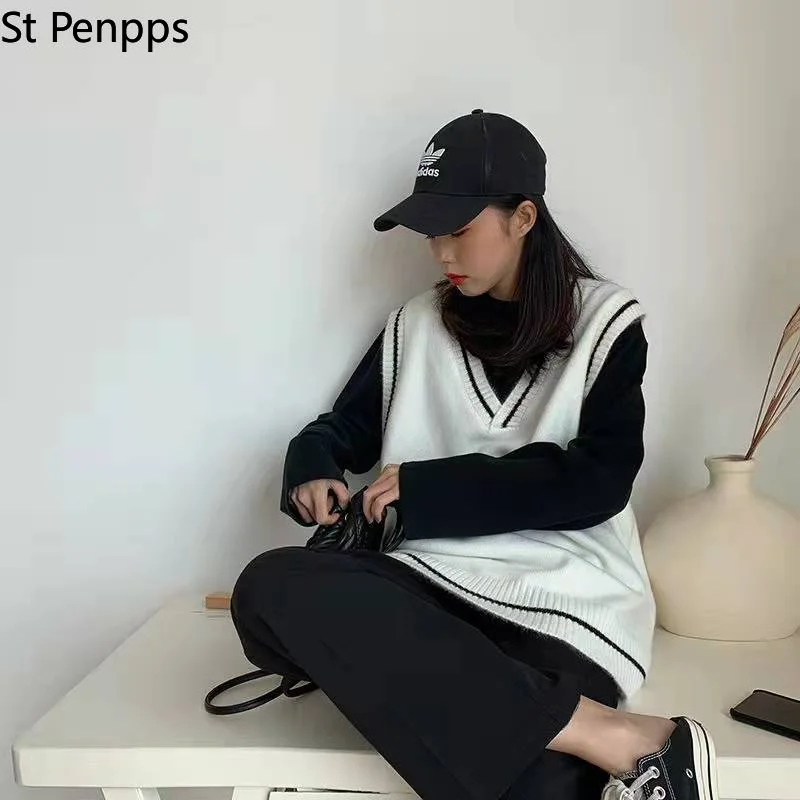 Женский жилет в Корейском стиле простой Универсальный вязаный свитер пэчворк с