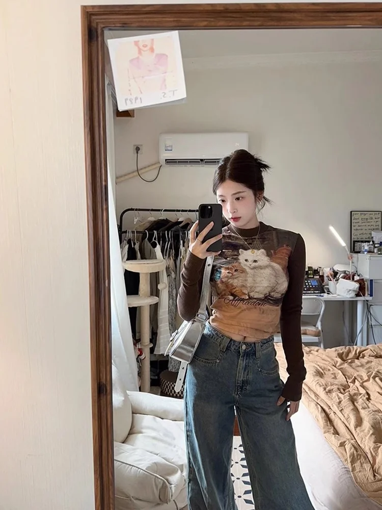 Американская Ретро футболка с длинным рукавом принтом кота Женская Осенняя