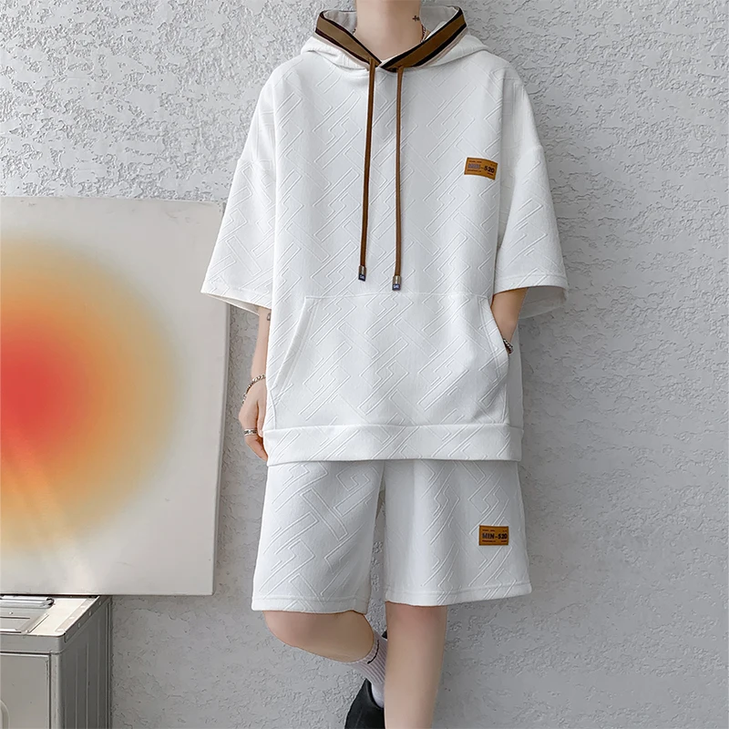 Solid Color Men's Sets 2023 Summer Casual Hooded Short Sleeved T-Shirts And Shorts Two-Piece Sports Tracksuits Top Tees&Joggers