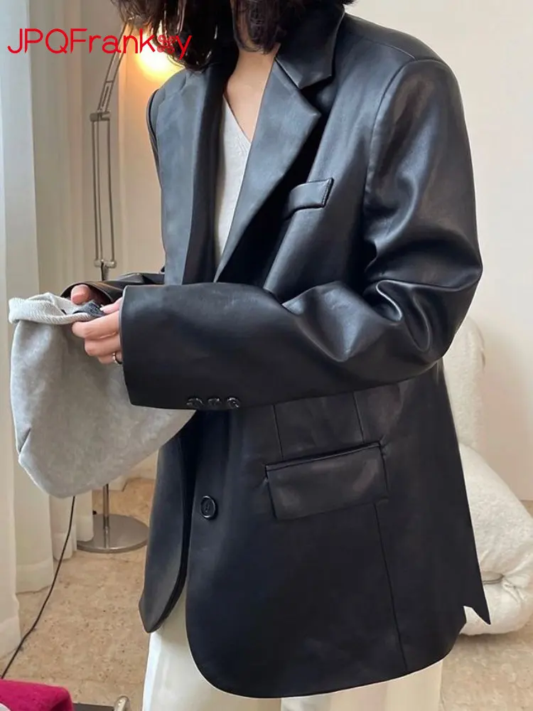 Vintage PU Leather Silhouette Blazer Loose Casual Wide-shoulder Top Women's Spring and Autumn New Style Blazers for Women