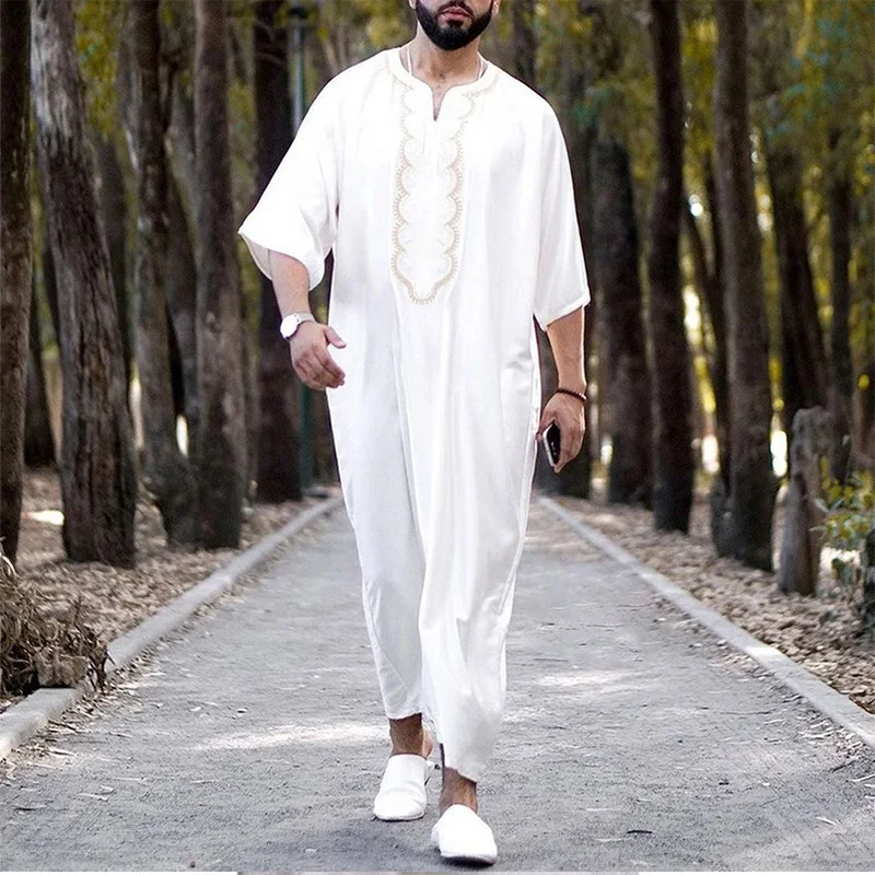 2022 Muslim Robe New Arab Loose Casual V-neck Medium Sleeve Print Muslim Men Clothing Jubba Thobe Abaya Homme Musulman