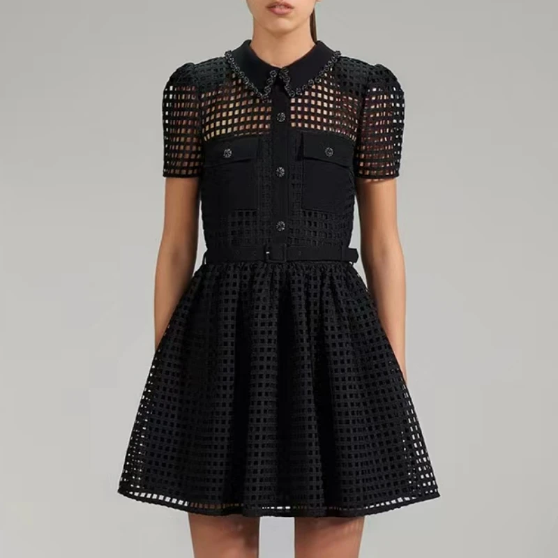 

2023 Spring and Summer New Heavy Industry Lace Plaid Hollow Ladies Dress
