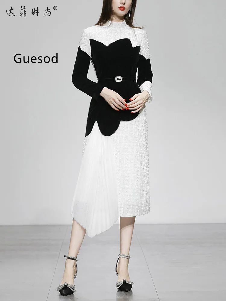 

Women Velvet Dress 2022 Autumn Winter Designer Contrast Color Patchwork Pleated Irregular Slim Dress New