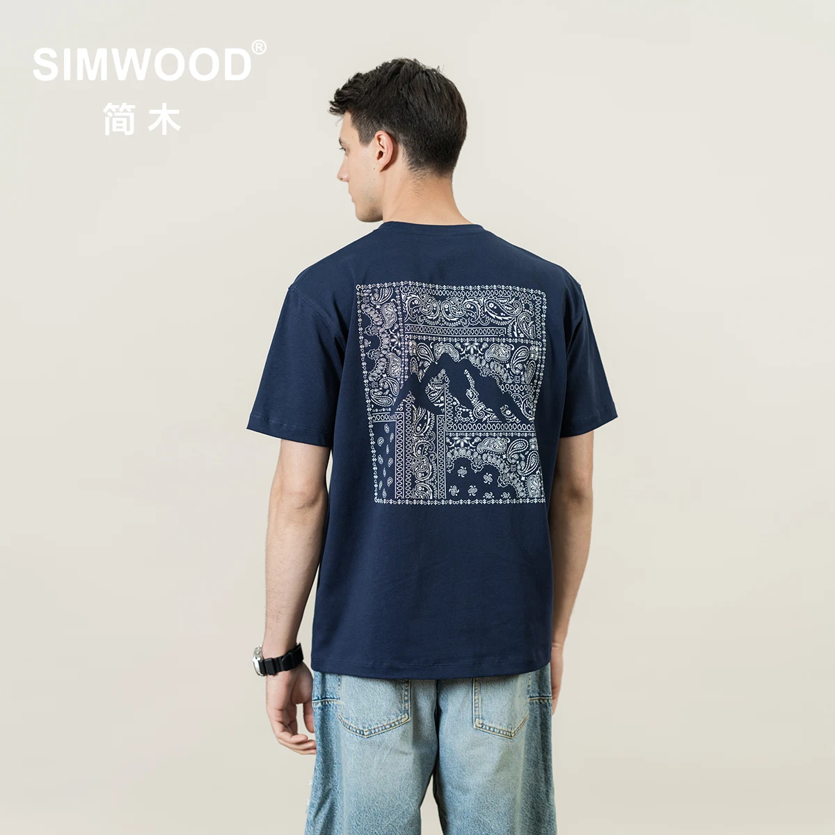 

SIMWOOD 2022 Summer New Paisley Pattern Print T-shirts Men Oversize 260g 100% Cotton Fabric Tops Plus Size Brand Clothing