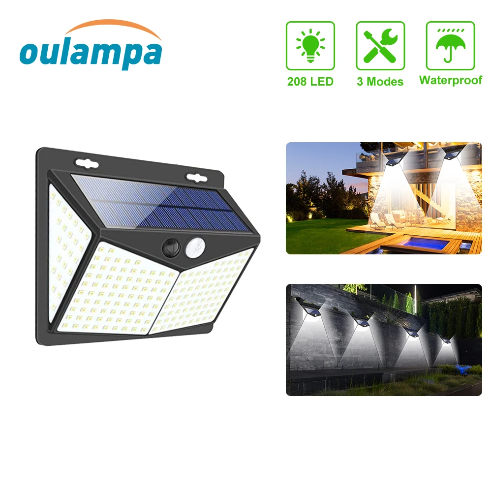 

3Modes 208LED Motion Sensor Outdoor Garden Solar Light Waterproof IP65 Wall Lamp for Yard Pool Path Porch Garage Driveway Deck