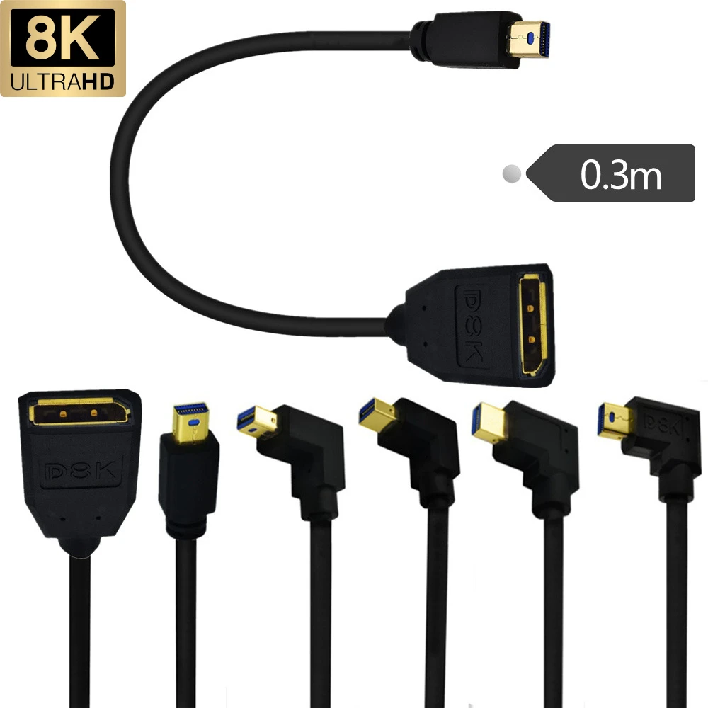

8K Gold-plated Mini DisplayPort Male Elbow ToDP Busbar Large DP Female To Mini DP Male Display Cable 8K/60Hz, 4K/144Hz Supported