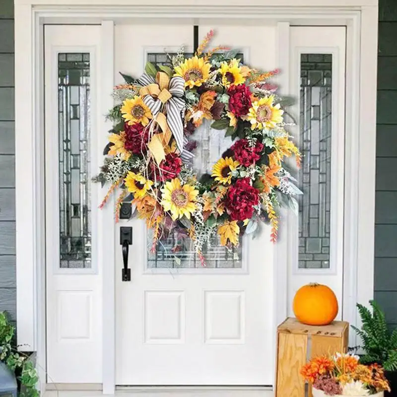 

Artificial Fall Wreath Durable Autumn Wreaths For Front Door Fall Farmhouse Decor With Sunflowers And Maple Leaves