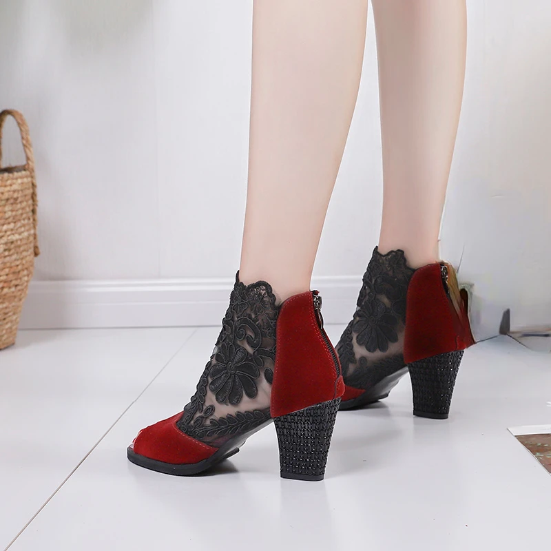 

Женские сетчатые босоножки на высоком каблуке, туфли-лодочки с открытым носком и кружевом, туфли на платформе, лето 2023