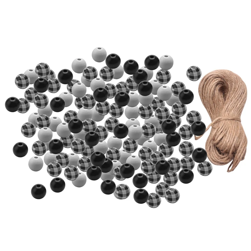 

240Pcs Black White Plaid Wooden Beads Farmhouse Buffalo Checked Print Wood Beads Colored Natural Beads With Hemp Rope