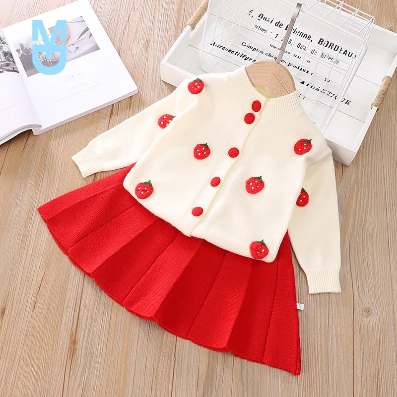 

New Children's clothing set sweet girl Flower knitted cardigan sweater skirt two piece girls cartoon strawberry grape sweater se