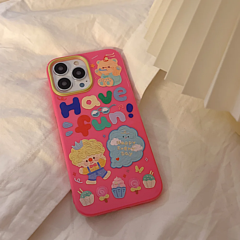 Rose Red Cute Boy Cake Happy Bear Silicone Soft Cover for iphone14 Xr Xsmax 8 7 Plus SE 2020 x 12 13 Pro Max Mini 11 Capa Shell