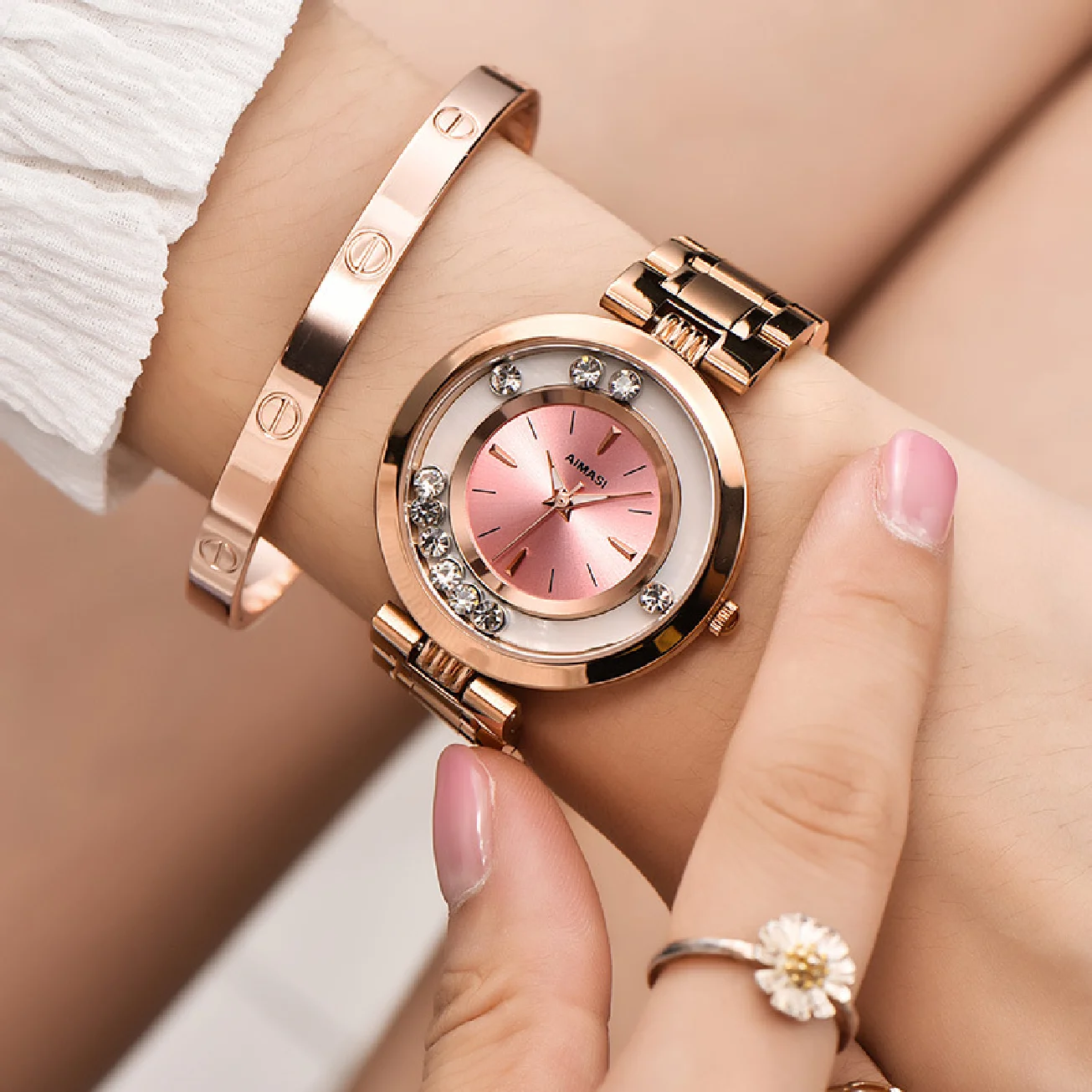 AIMASI Brand Women's Watches Ladies Fashion Luxury Rose Gold Stainless Steel Watches Ball crystal Women Rhinestone Clocks saat enlarge