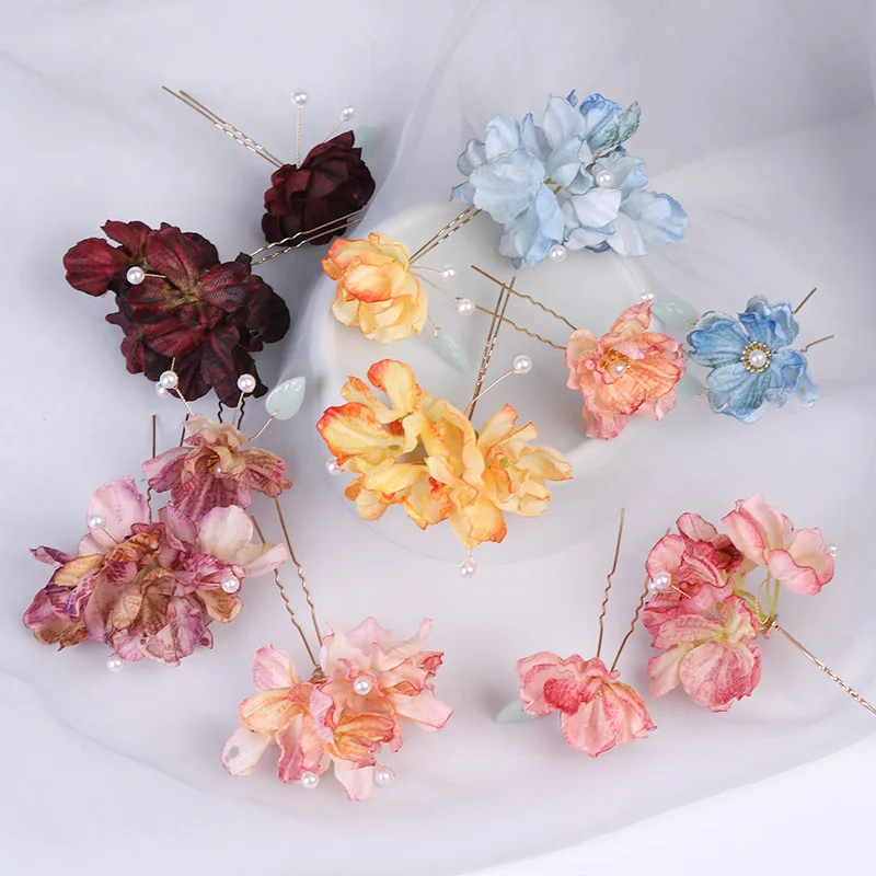 

Bridal Wedding Silk Artificial Flower Hair Pin Chinese Hanfu Pearl Ladies Side Pins Wedding Jewelry