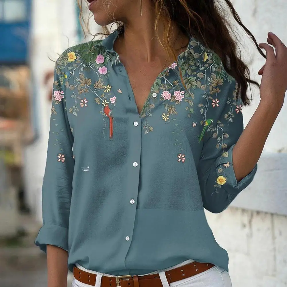 

Women's Turn-Down Collar Blouse Elegant Top Spring Summer New Long Sleeve Floral Print Buttons Fashion Office Ladies Shirts Tops