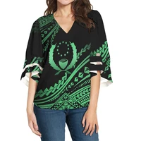 fashionable half sleeve plus size chiffon v neck loose blouse polynesian tribal pohnpei island floral printed lady casual blouse