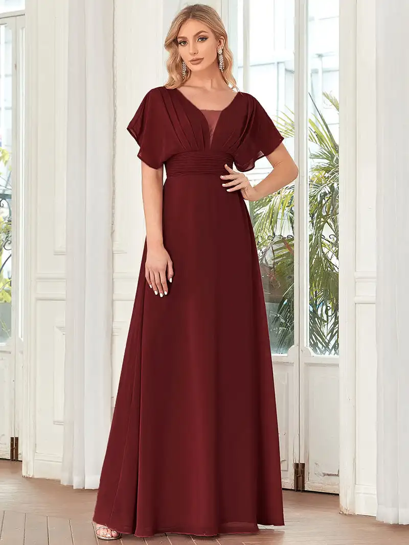 

Elegant Evening Dresses Double V-neck a flowy skirt and Ruffle Sleeves 2023 Ever Pretty of Chiffon Burgundy Bridesmaid Dress