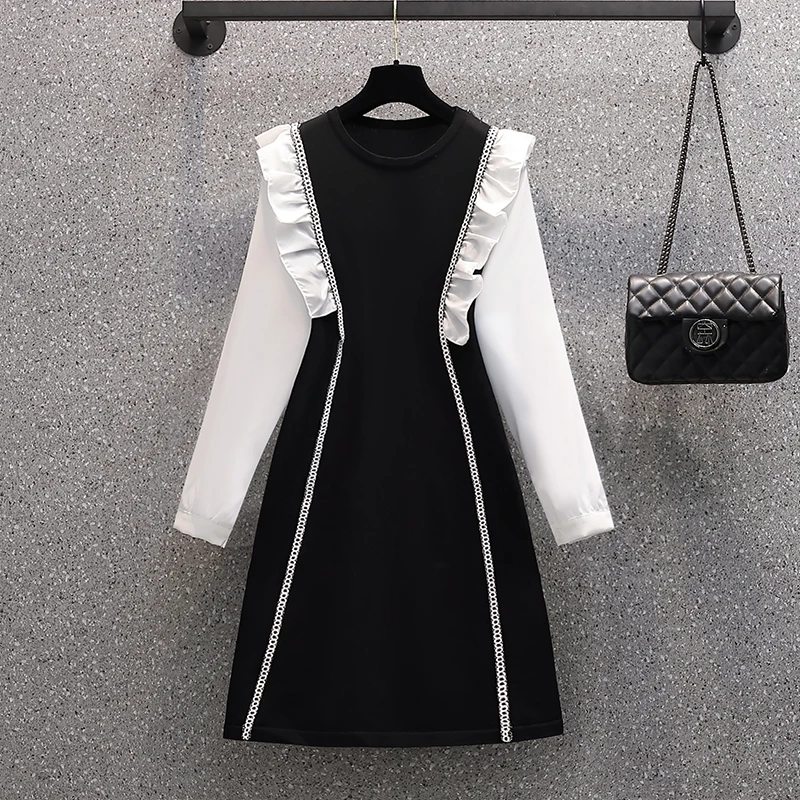 

4XL large size elegant vintage ruffle sweater women dress vestido 2022 long sleeve o neck knitting Patchwork autumn dresses