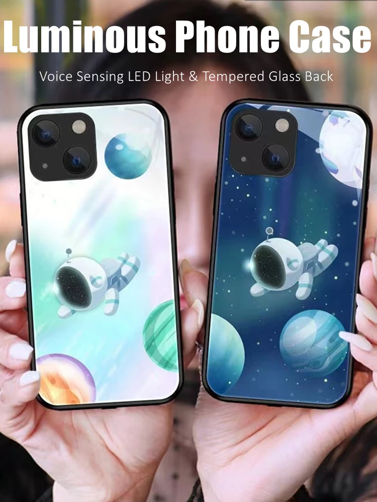 

Couples Asronaut LED Light Glow Luminous Tempered Glass Phone Case for OnePlus 6 6T 7 7T 8 8T 9 9R 10 Ace Nord N10 N20 N200 Pro