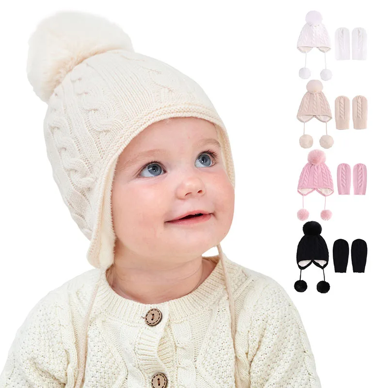 

Детская шапка с милыми помпонами, комплект перчаток, зимняя теплая вязаная шапка для новорожденных мальчиков и девочек, Шапка-бини, мягкая ш...