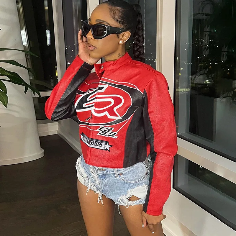 Женская укороченная куртка контрастного цвета с буквенным принтом Y2K 2024 осенняя