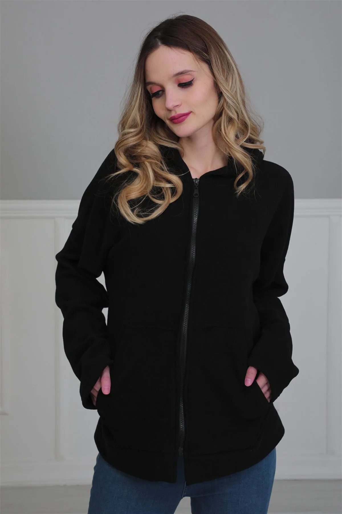 

Hooded zipper pocket fleece Sweatshirt, black, SW-3