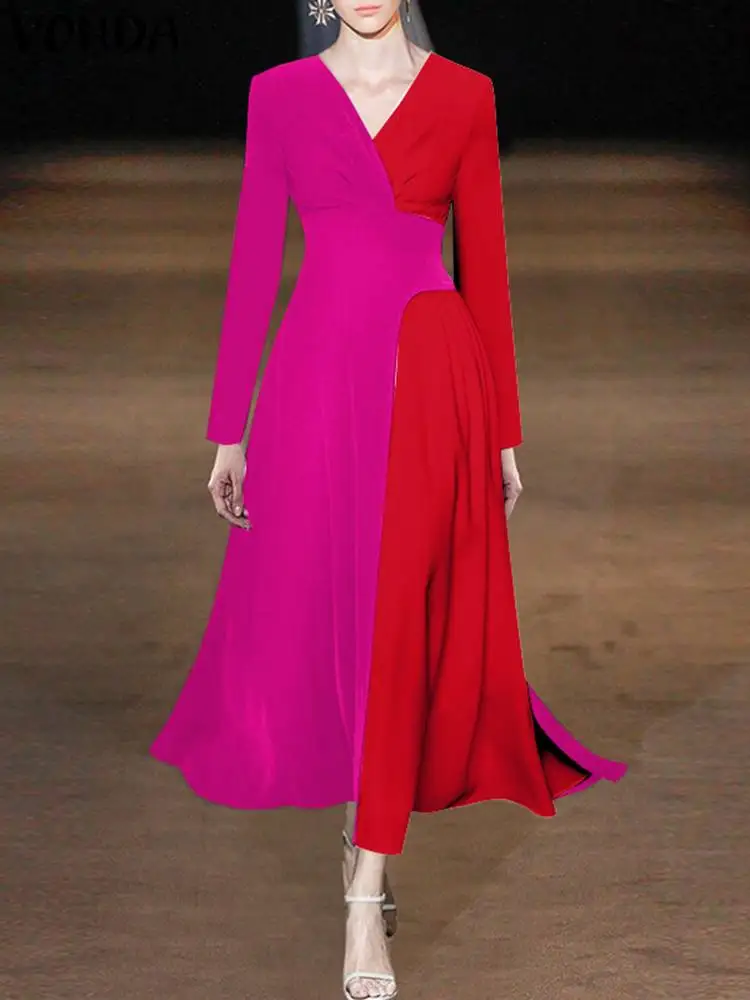 

Модное Вечернее Платье VONDA 2022 с длинным рукавом, сексуальное элегантное платье с V-образным вырезом, женское повседневное цветное лоскутное ...