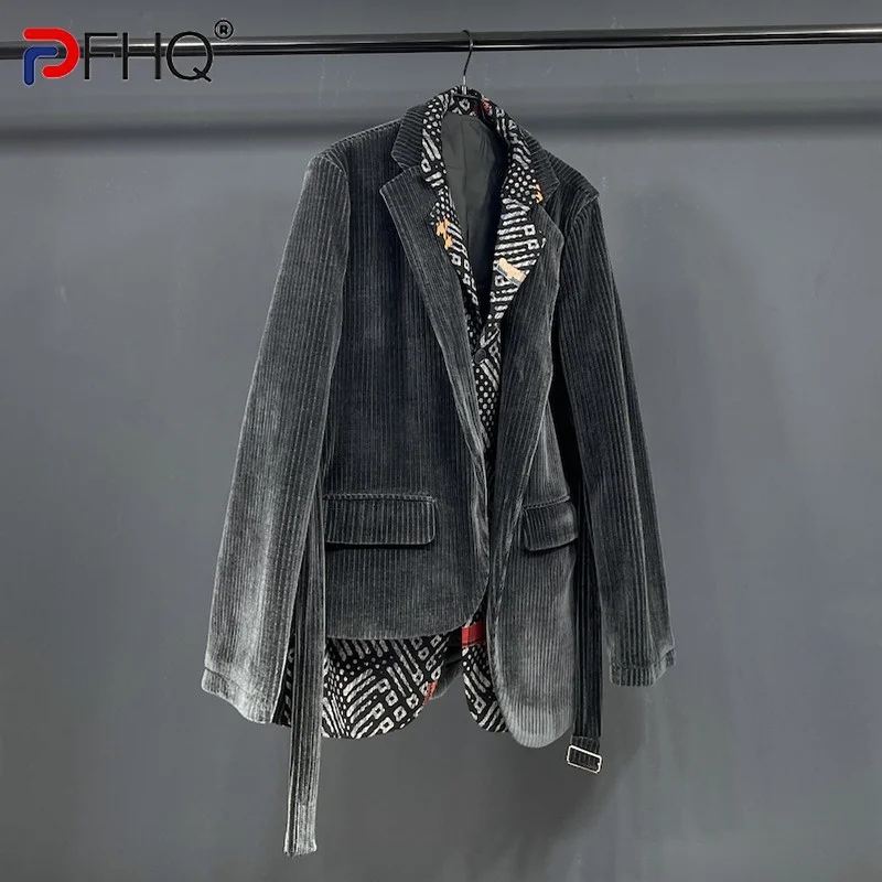 

PFHQ Asymmetric Hem Niche Design Blazer Fake Two Piece High Quality Corduroy Men's Suit Jackets 2023 Spring Elegant Coat Trendy
