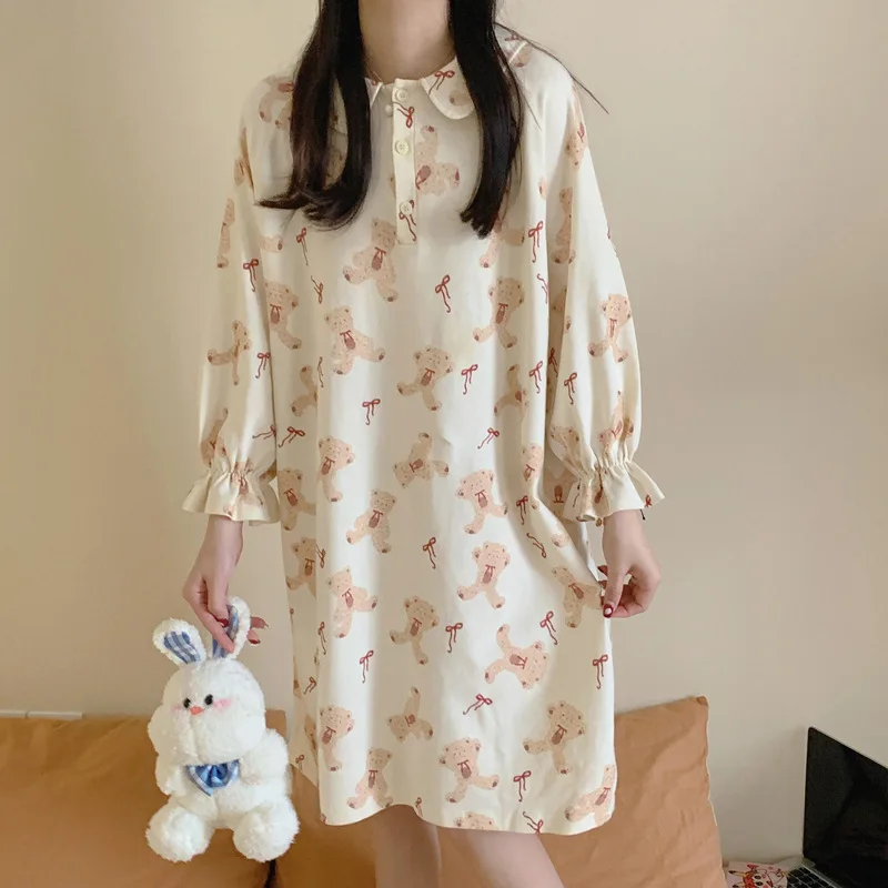 Yasuk Spring Autumn Women's Casual Lovely Print Sweet Pullover Nightdress Nightgown Pajamas Bear Cherry Lotus Sleeves Lace Soft
