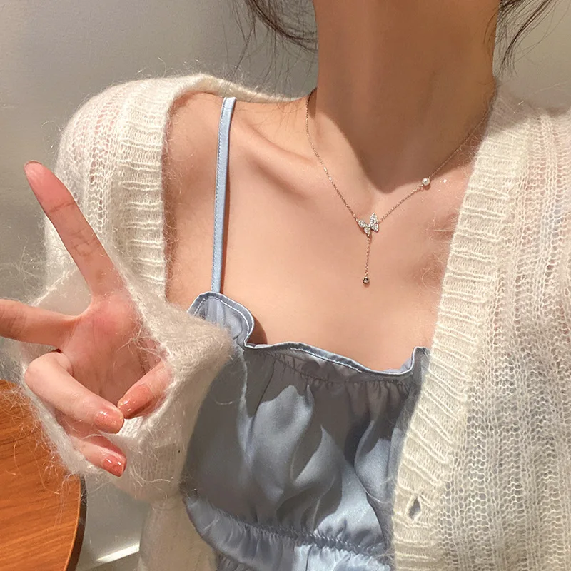 Чокер с подвеской-бабочкой из циркона роскошное ожерелье до ключиц серебряным