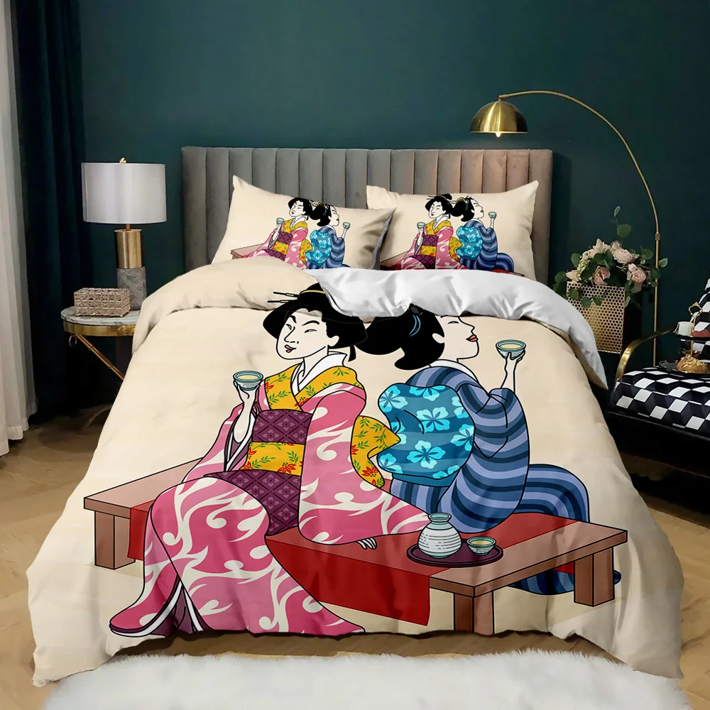 

Bedding Set Geisha Japan Polyester Quilt Cover Japanese Style Duvet Cover Traditional Kimono Motifs Comforter Cover Queen Tokyo