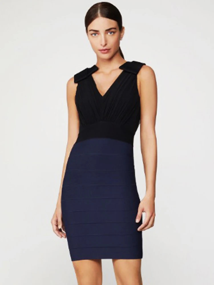 

Lady Office Bandage Dress Women Double Color Pleated Deep V Elastics Waist Mini Dresses Vintage Elegant Female Party Vestidos